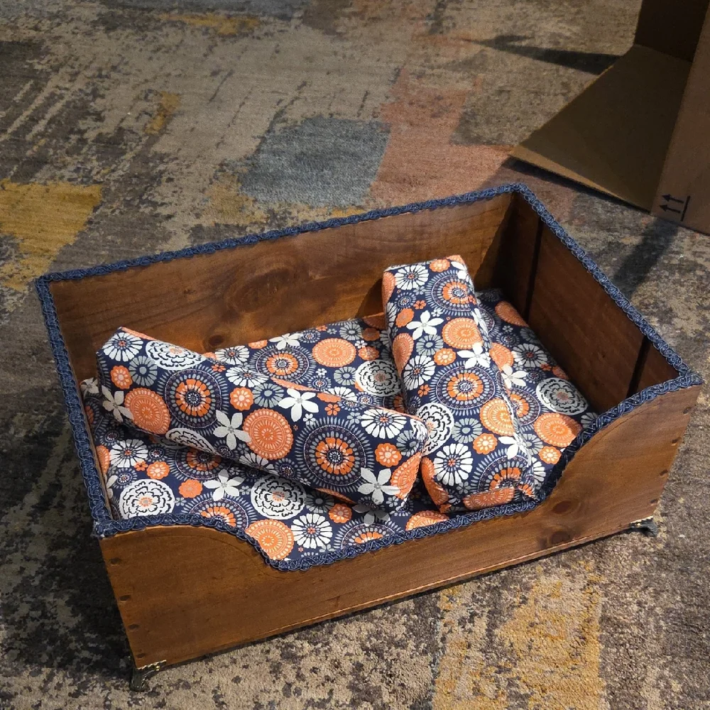 Upcycled Rustic Wine Box Pet Bed Nap Noodle Bolster Cotton Covered Foam Pillow